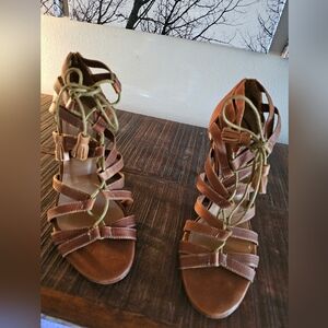 Ulla Johnson leather open toe gladiator style heels brown lace up tassel 8.5(39)